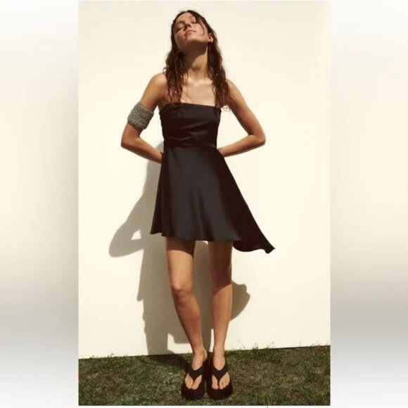 Zara Strapless Asymmetrical Hem Satin Effect Mini Dress NWT Black Size XS - Picture 5 of 12